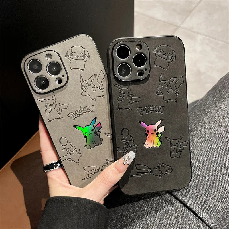 Cute Cartoon Anime Pikachu Leather Texture Laser Phone Case For iPhone