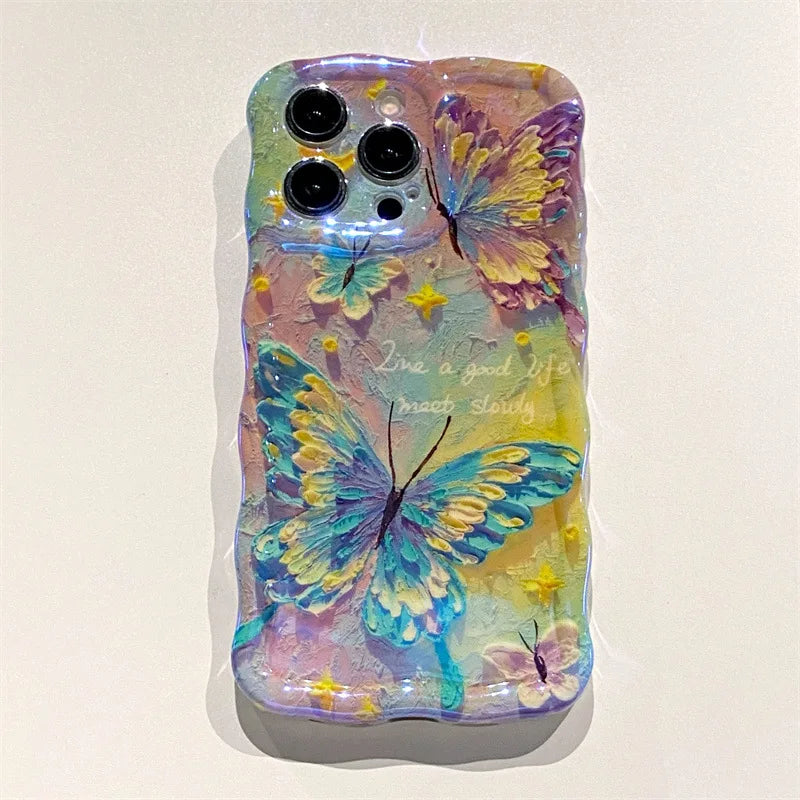 Luxury Retro Oil Painting Butterfly Wavy Border Phone Case For iPhone