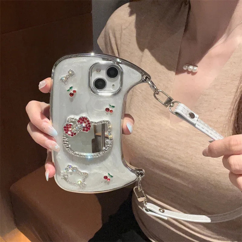 3D Diamond Cute Bow Hello Kitty Cherry Glitter Mirror Phone Case For iPhone