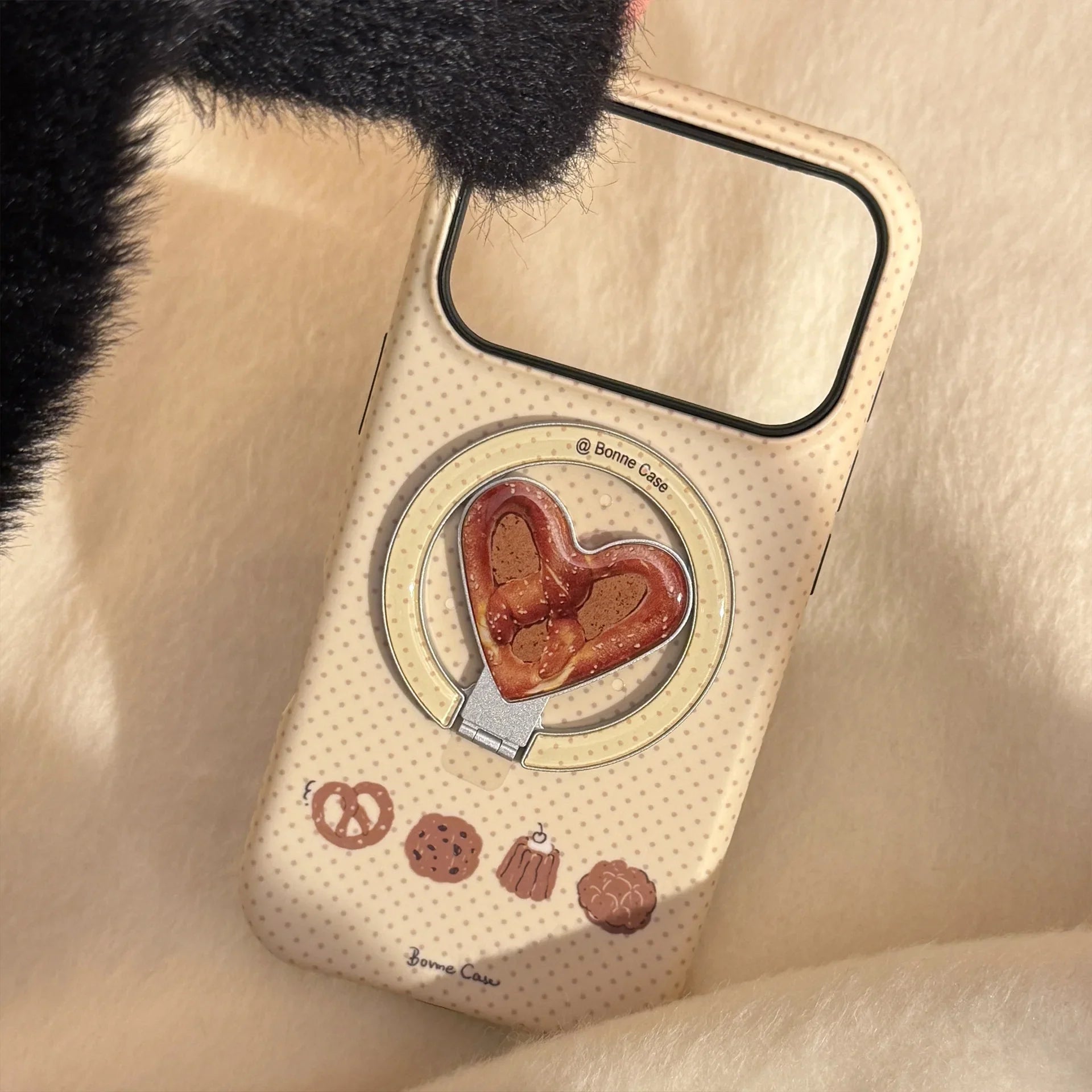 Cute Wave Point Cookie Bread Fold Love Heart Bracket Magnetic Phone Case For iPhone