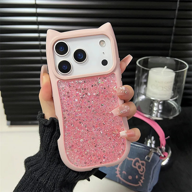 Cute 3D Cat Ear Solid Color Drop Glue Glitter Sequins Phone Case For iPhone