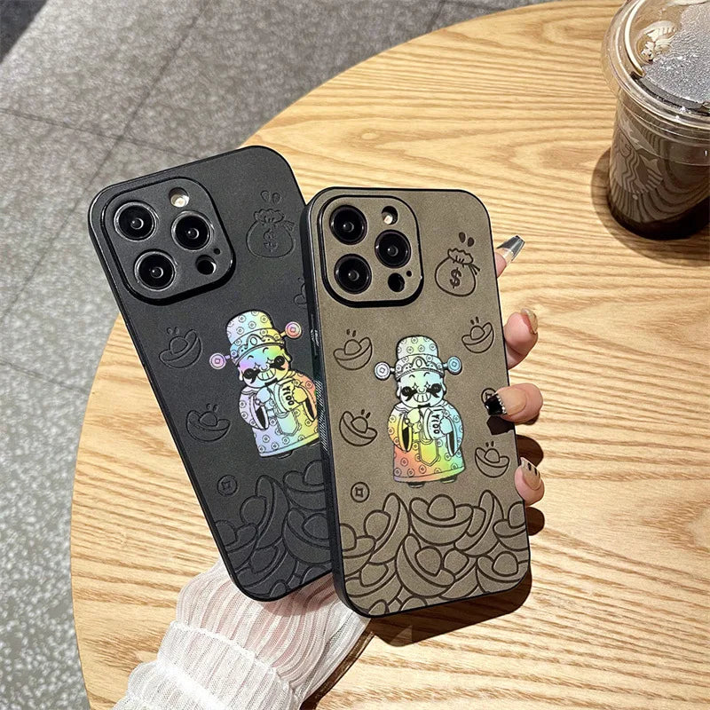 Luxury God of Wealth Laser Leather Texture Phone Case For iPhone