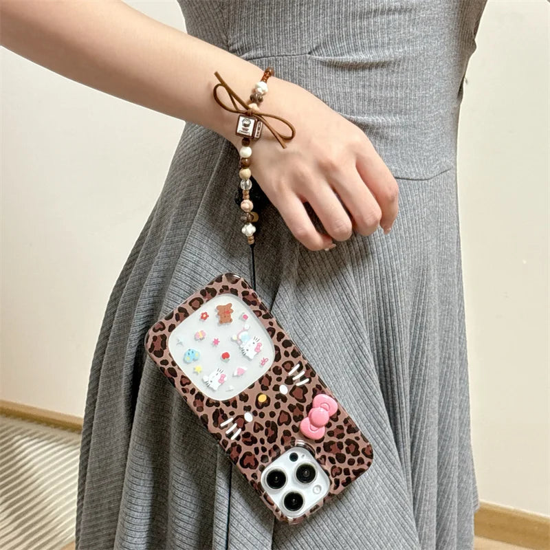 Fashion Leopard Print Cute Hollow Hellokitty Phone Case For iPhone