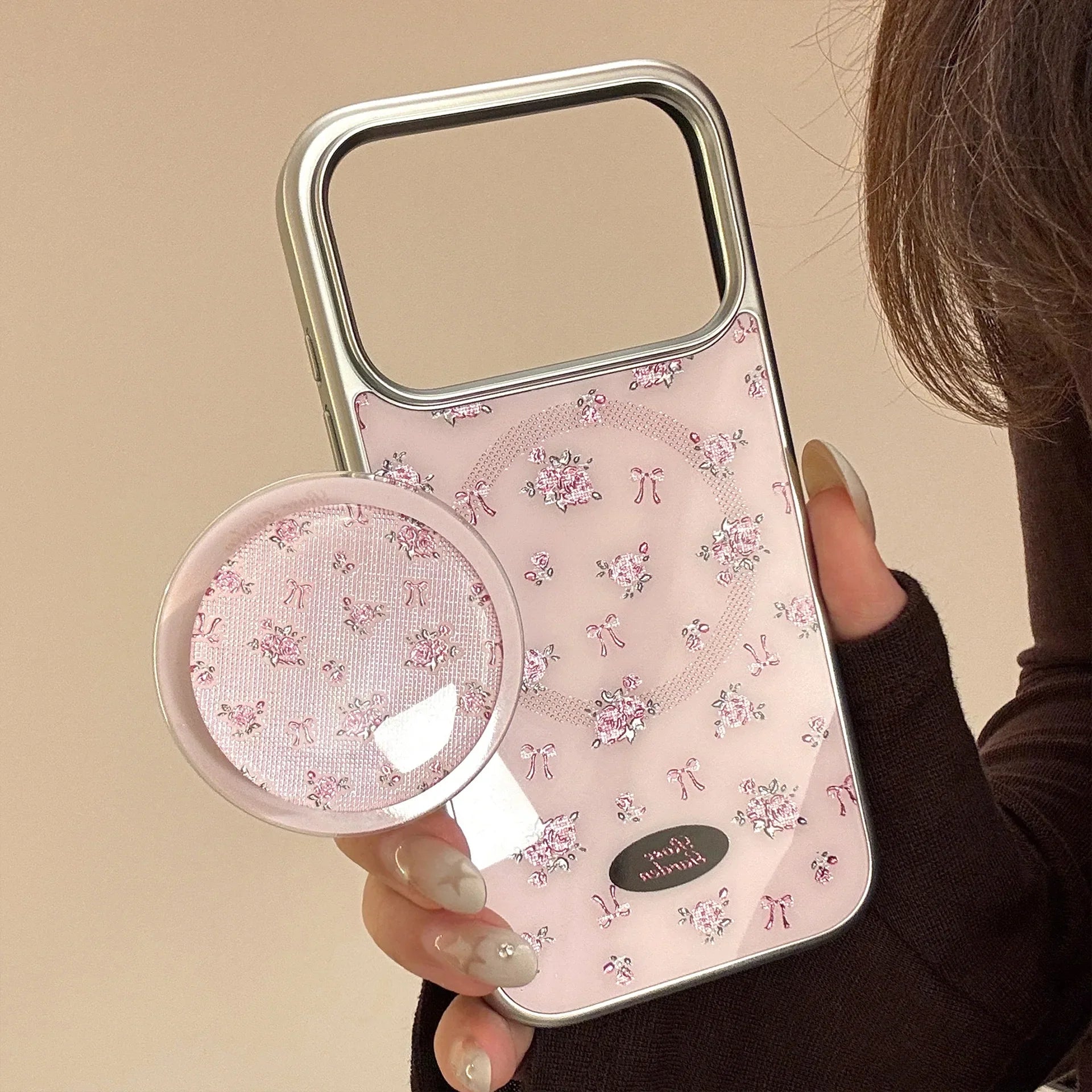 Korean Full Screen Flowers Silver Edge Plating Magnetic Bracket Phone Case For iPhone