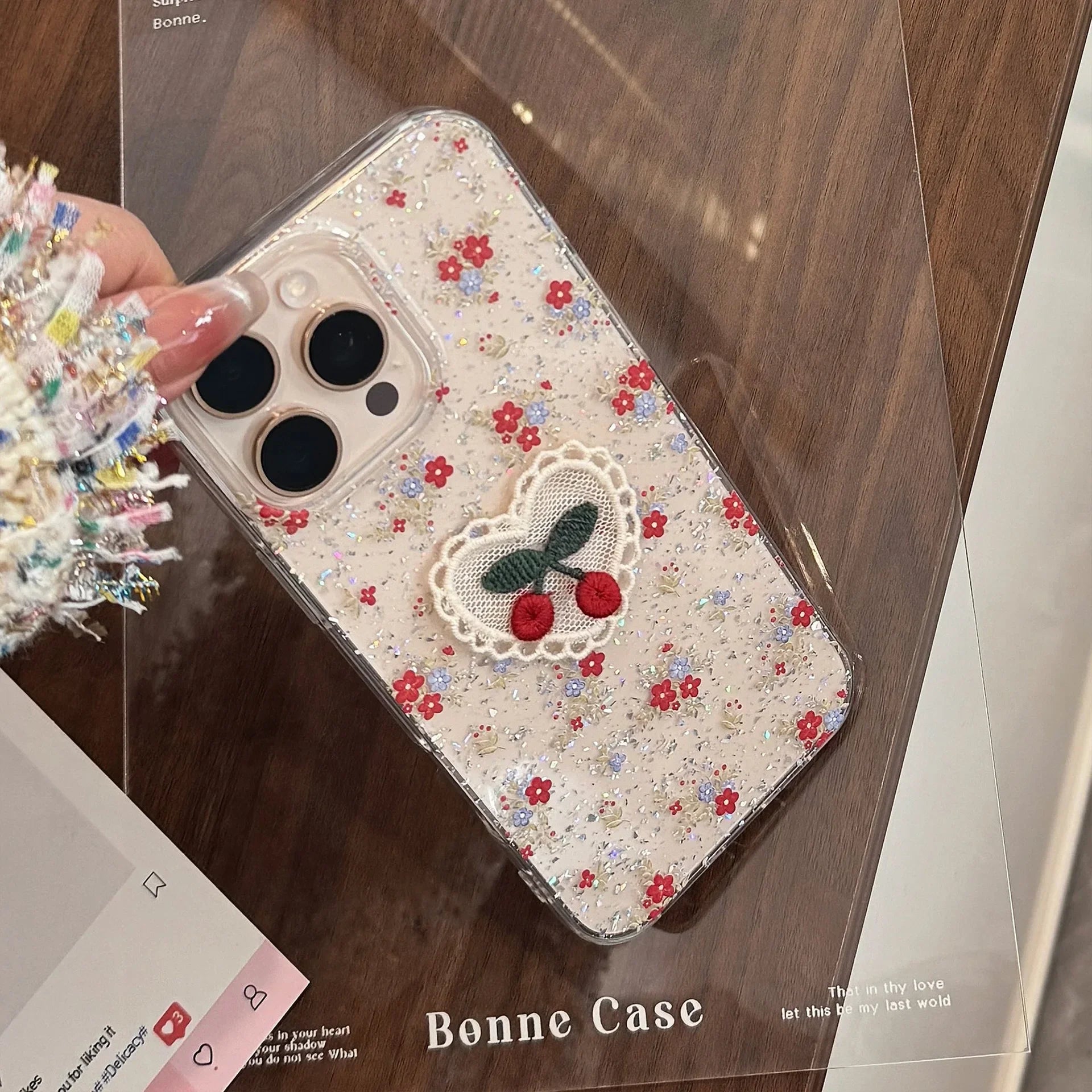 3D Glitter Flowers Lace Cherry Embroidery Phone Case For iPhone