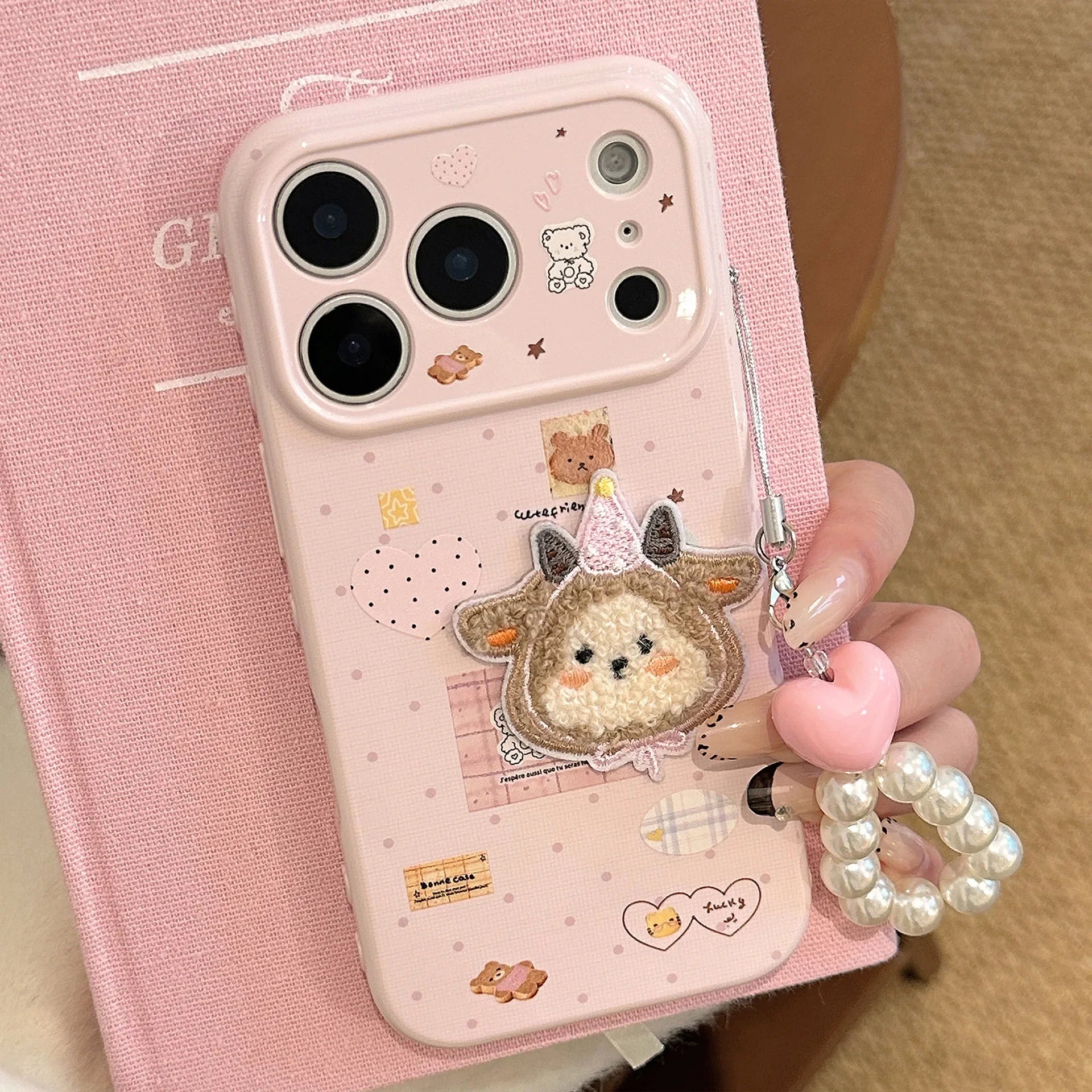 Korean Cartoon Embroidery Plush Sheep Sticker Phone Case With Chain For iPhone