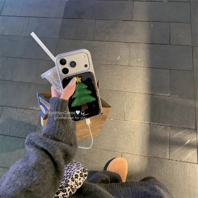 Korean Ins Christmas Tree Simple Silver Frame Phone Case For iPhone