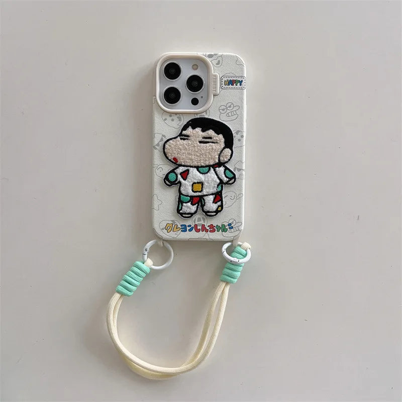 Cute Crayon Shin-chan Embroidered Leather Texture Phone Case For iPhone