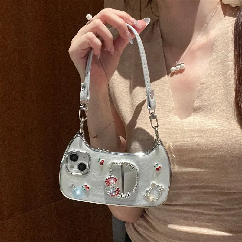 3D Diamond Cute Bow Hello Kitty Cherry Glitter Mirror Phone Case For iPhone
