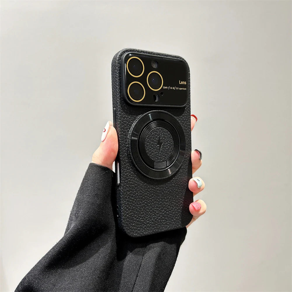 Large Window Litchi Texture For Magsafe Magnetic Case For iPhone