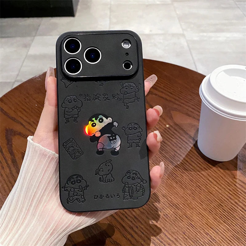Anime Crayon Shin-chan Butt Emboss Laser Faux Leather Phone Case For iPhone