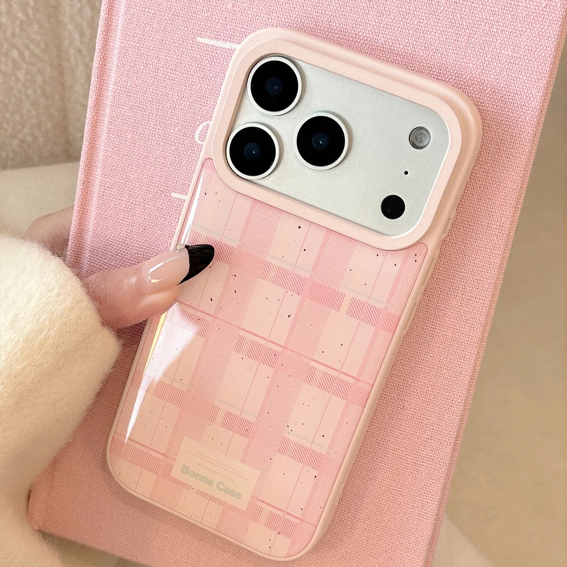 Korean Splash-ink Pink Grid Pattern Drop Glue Phone Case For iPhone
