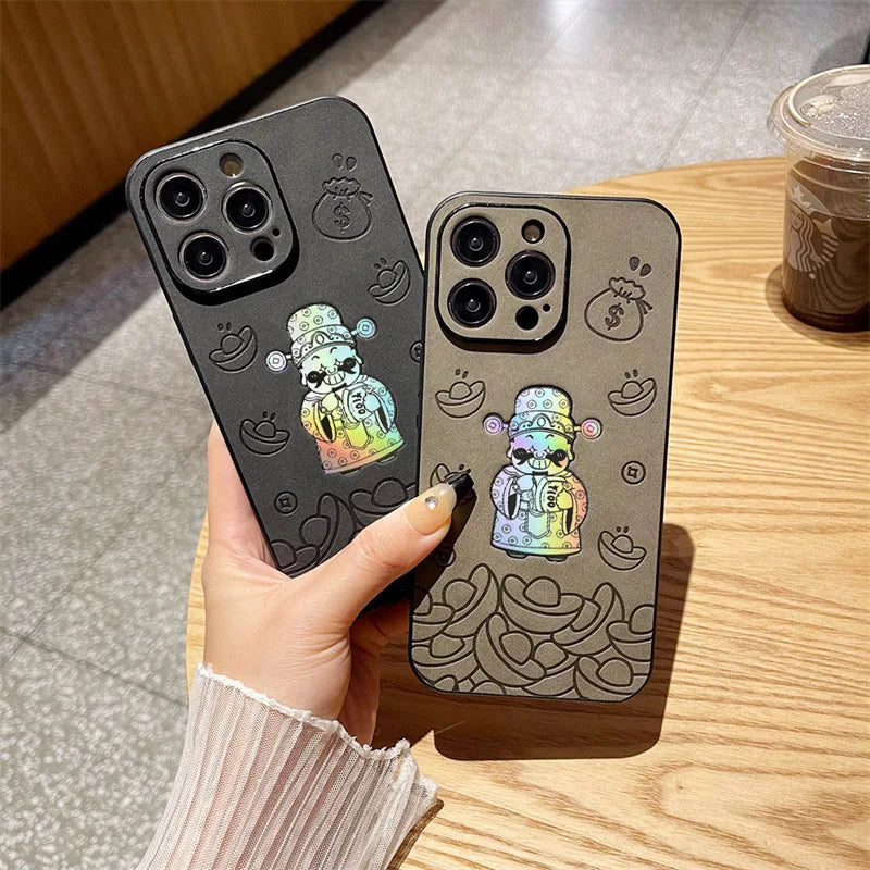 Luxury God of Wealth Laser Leather Texture Phone Case For iPhone