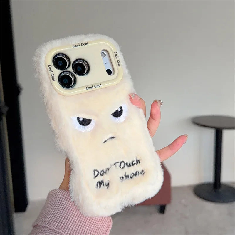 Cartoon Angry Face Expression Fluffy Plush Phone Case For iPhone