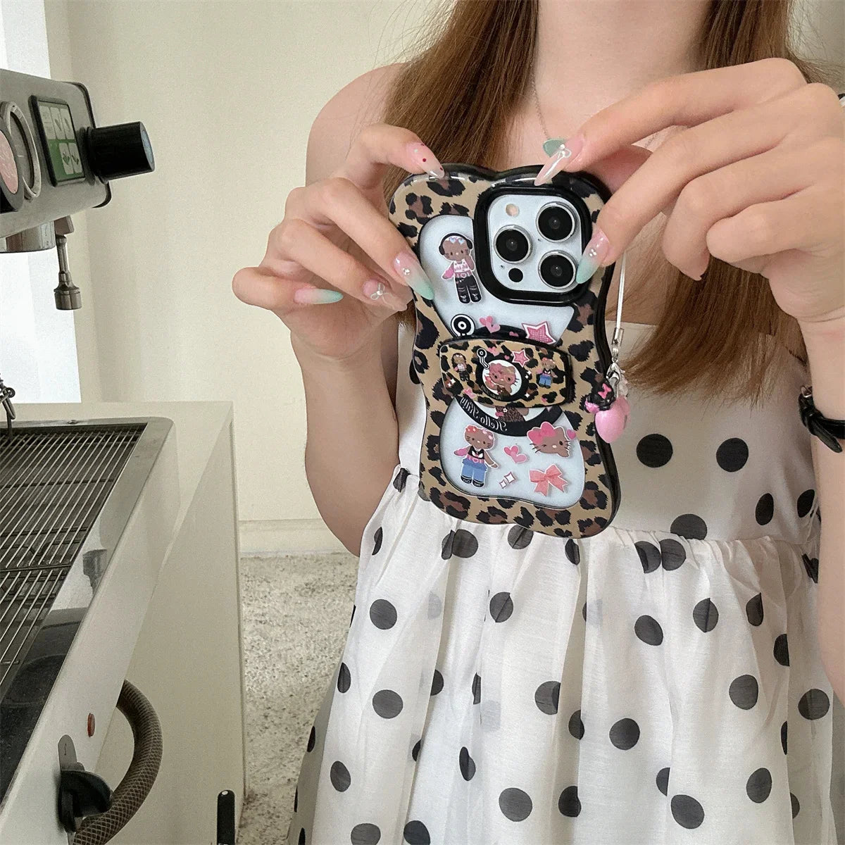 New Creative Style Perforated Leopard Print Black Leather kiity Cat Phone Case For iPhone