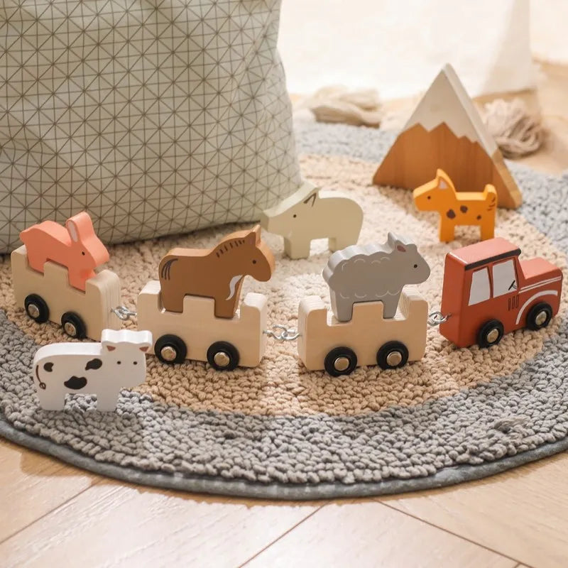 Wooden Train Building Blocks – Farm Animal Stacking Toy for Kids