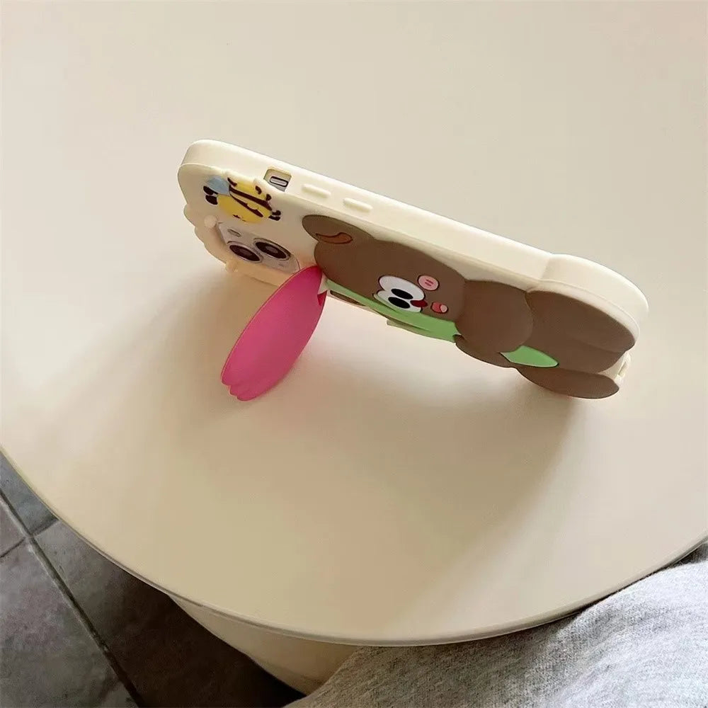 Kawaii 3D Cartoon Bear Holding Tulip Phone Case