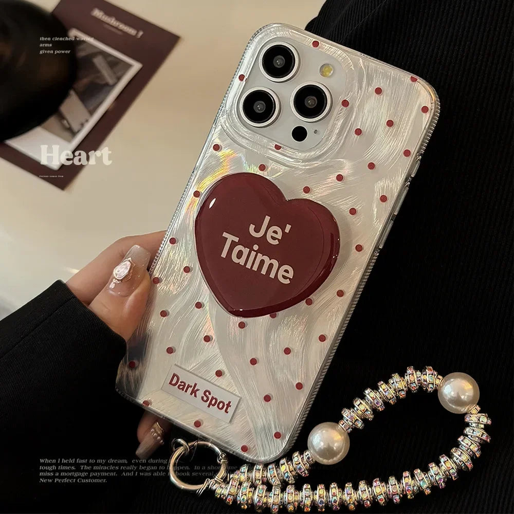 Black Red Heart Grip Tok Stand Holder Dazzling Laser Phone Case For iPhone