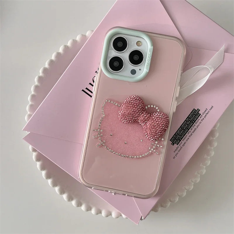 Luxury Rhinestone Bow Jelly Solid Color Glitter Hello Kitty Phone Case For iPhone