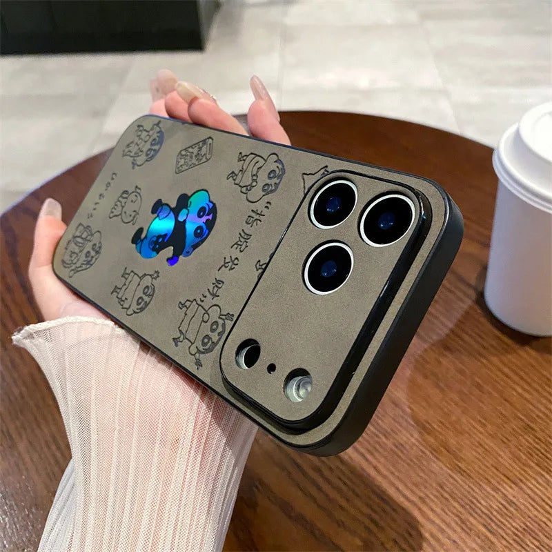 Anime Crayon Shin-chan Butt Emboss Laser Faux Leather Phone Case For iPhone