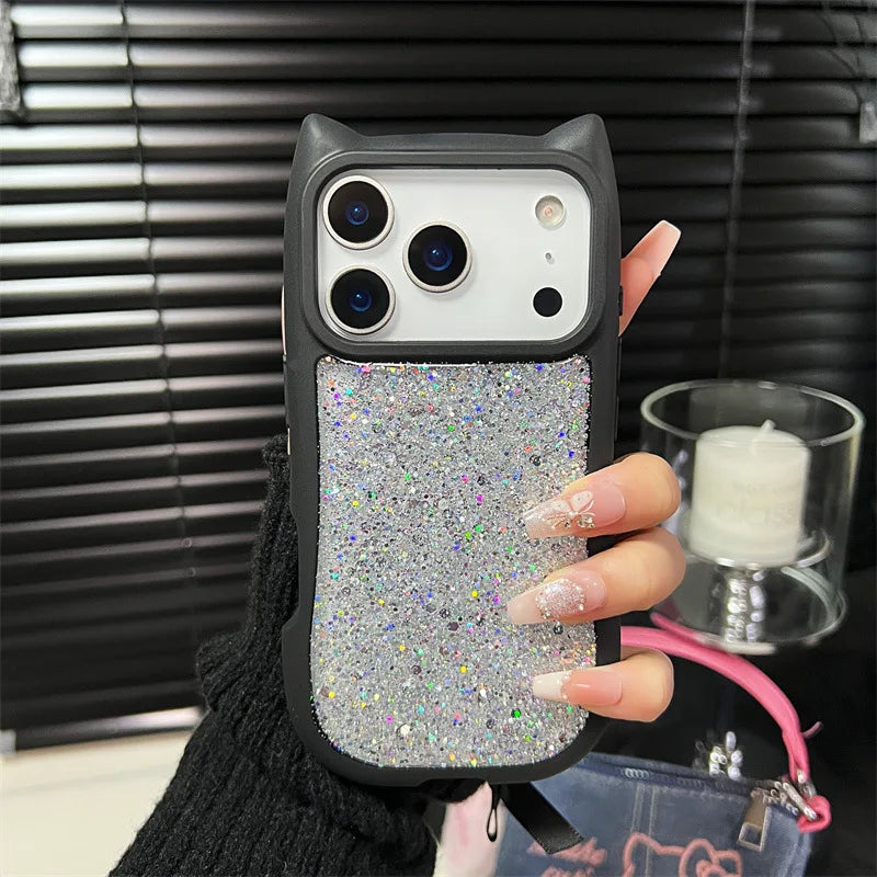 Cute 3D Cat Ear Solid Color Drop Glue Glitter Sequins Phone Case For iPhone