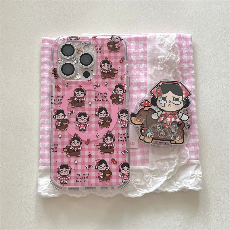 Fashion Pink Plaid Pattern Glitter Cute Magnetic Phone Case For iPhone
