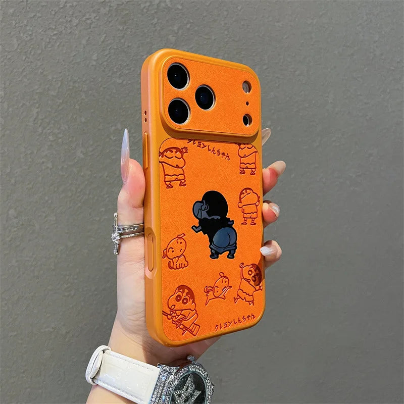 Anime Cartoon Crayon Shin-chan Butt Emboss Leather Texture Laser Phone Case For iPhone