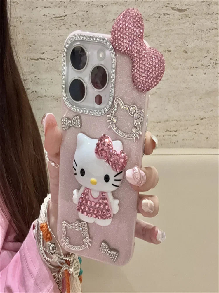 Premium Cute Hello Kittys Full Rhinestones Bow Tie Phone Case For iPhone