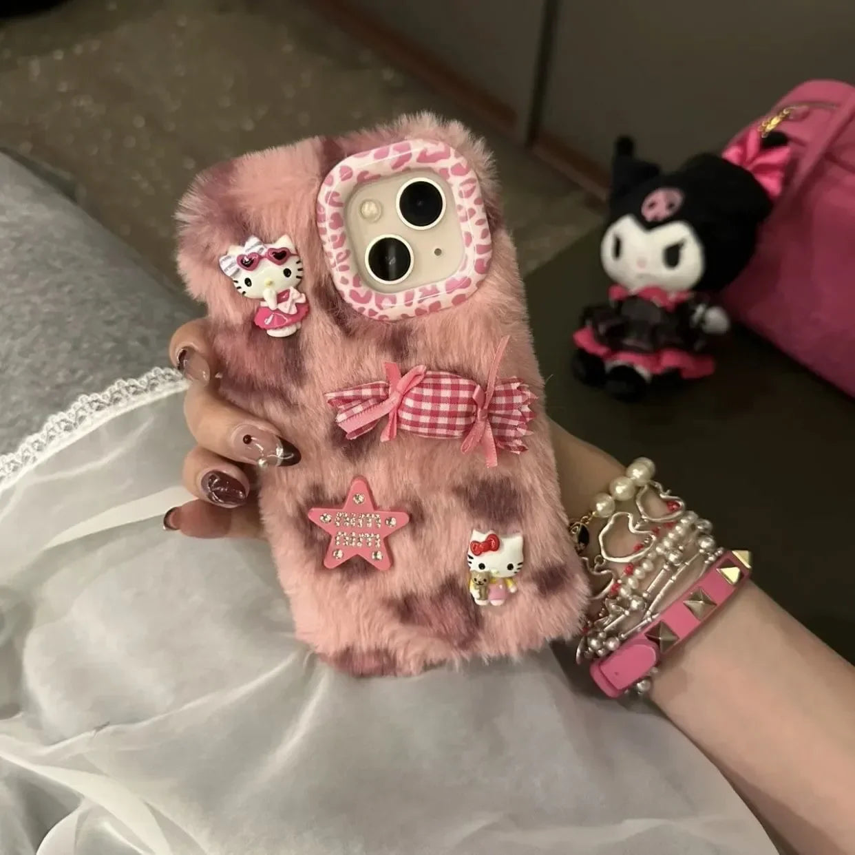 Plush Sanrio Leopard Print Hello Kitty Phone Case For iPhone