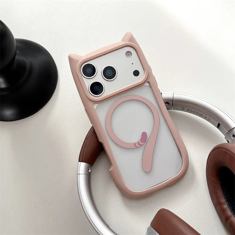 Cute Cartoon Solid Color Cat Tail Clear Magnetic Phone Case For iPhone
