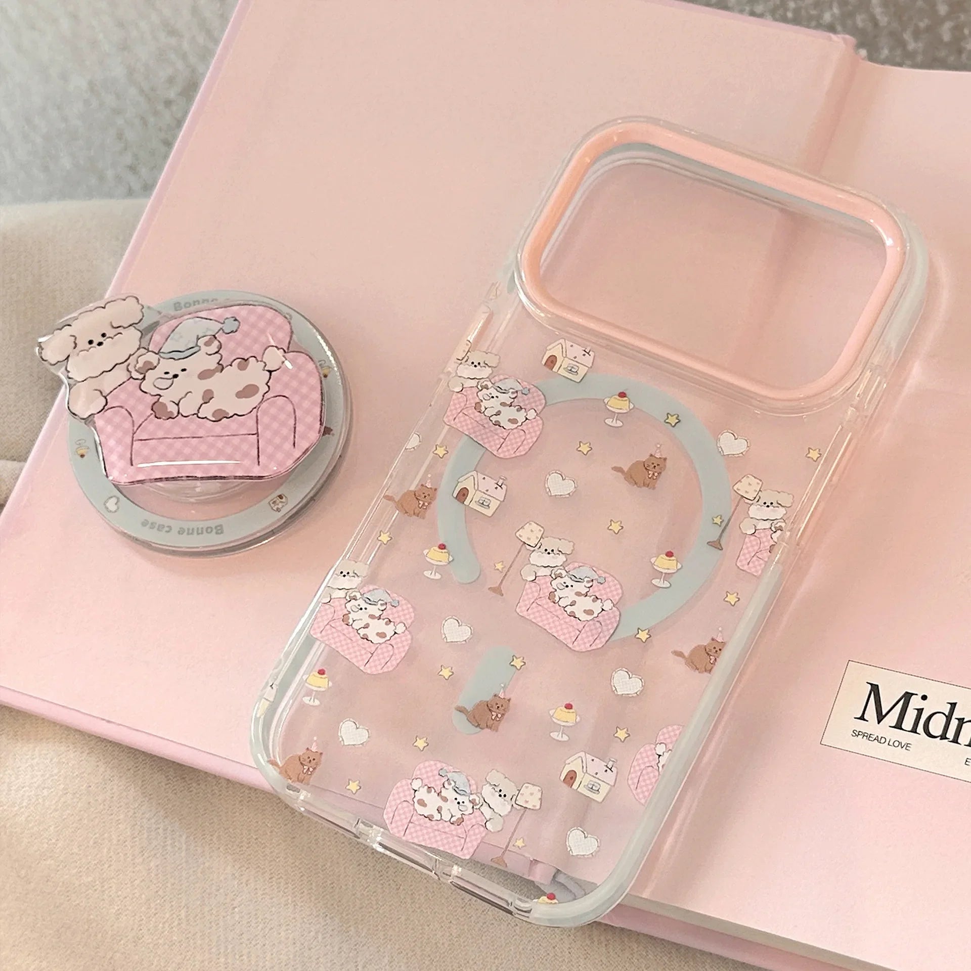 Korean Cartoon Pink Sofa Puppy House Holder Magnetic Phone Case For iPhone