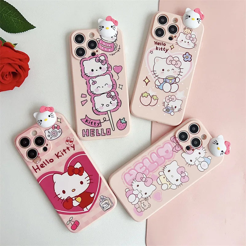 3D Cute Cartoon Hello Kitty Phone Case With Bracket Lanyard For iPhone