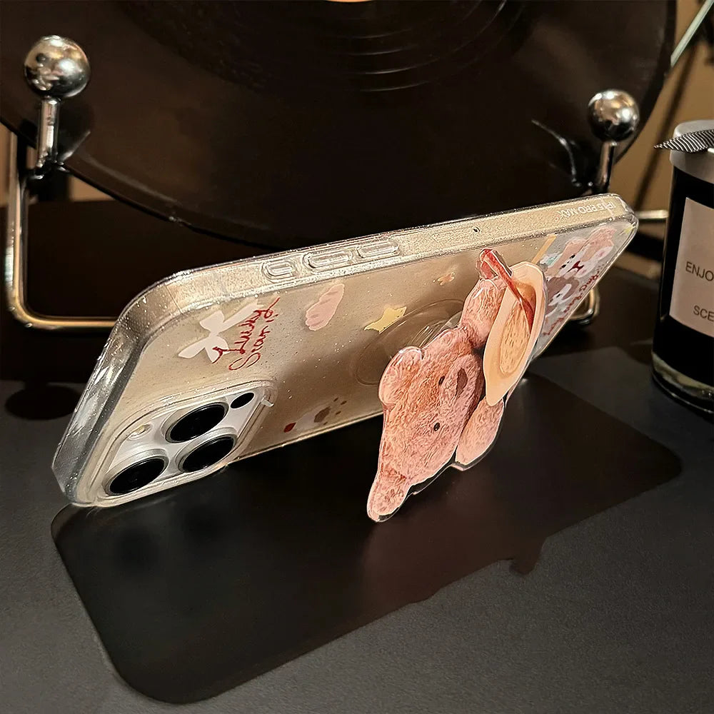 Korean Cute Dessert Bear With Stand Holder Glitter Phone Case For iPhone