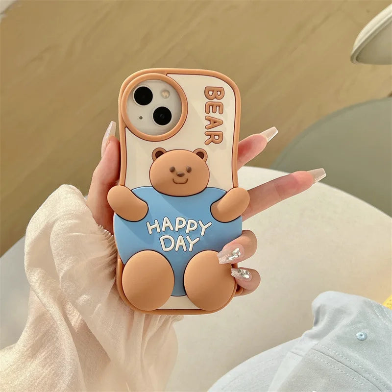 3D Cute Cartoon Fat Bear Silicone Telescopic Bracket Phone Case For iPhone