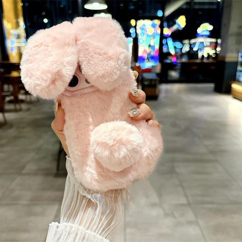 3D Cute Cartoon Rabbit Ears Warm Furry Plush Bunny Phone Case With Lanyard For iPhone
