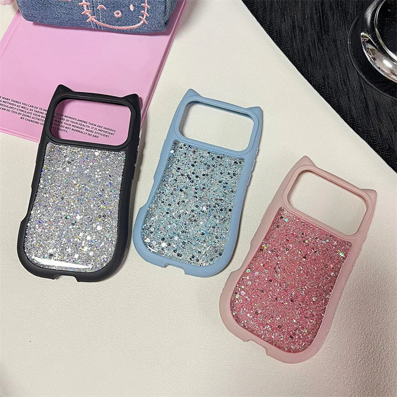 Cute 3D Cat Ear Solid Color Drop Glue Glitter Sequins Phone Case For iPhone