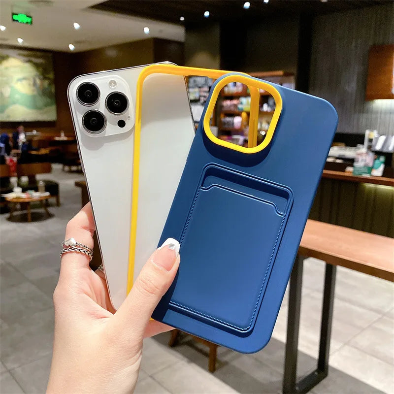 3 in 1 Card Holder Wallet Solid Color Skin Feel Phone Case For iPhone