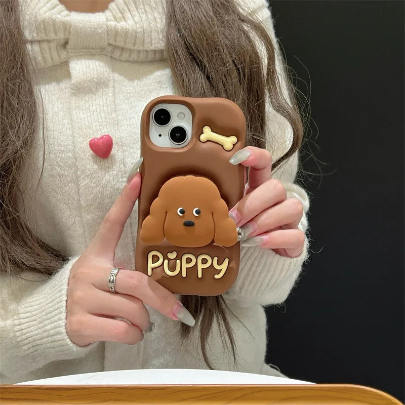 Cute Cartoon Teddy Puppy Silicone Telescopic Bracket Phone Case For iPhone