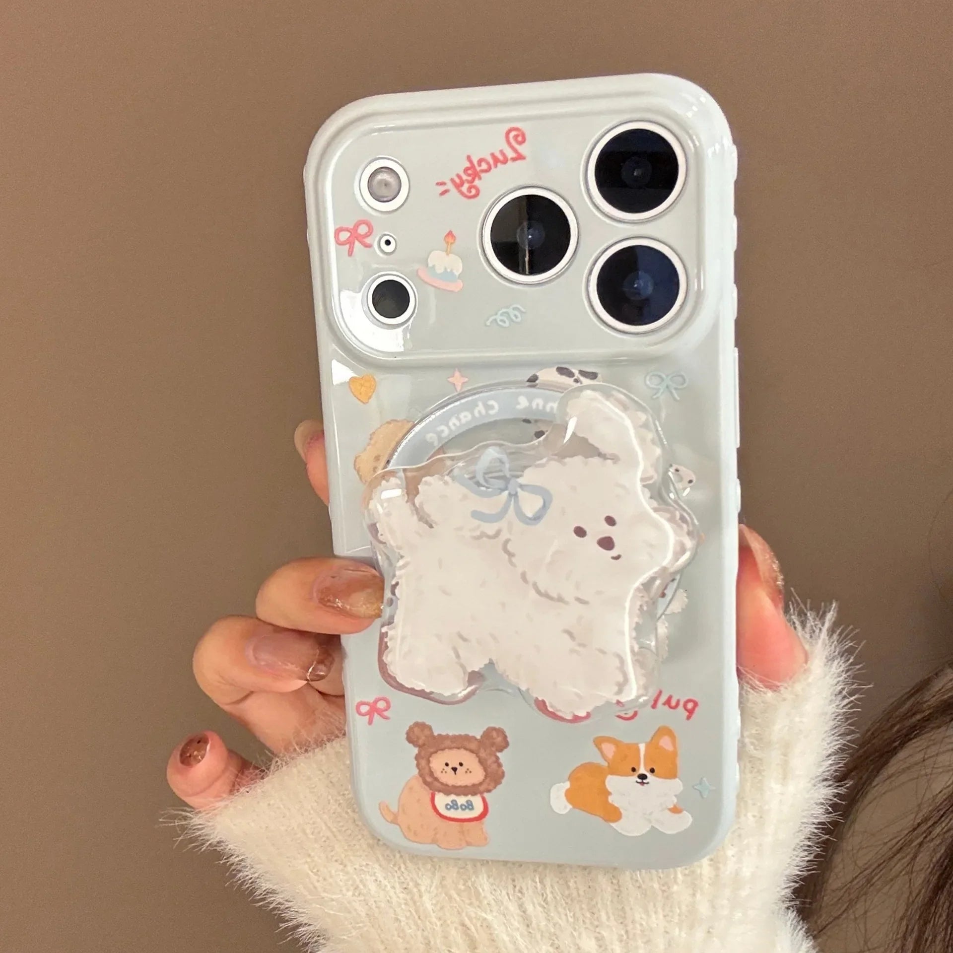 Korean Cute Cartoon Puppy Magnetic Stand Holder Phone Case For iPhone
