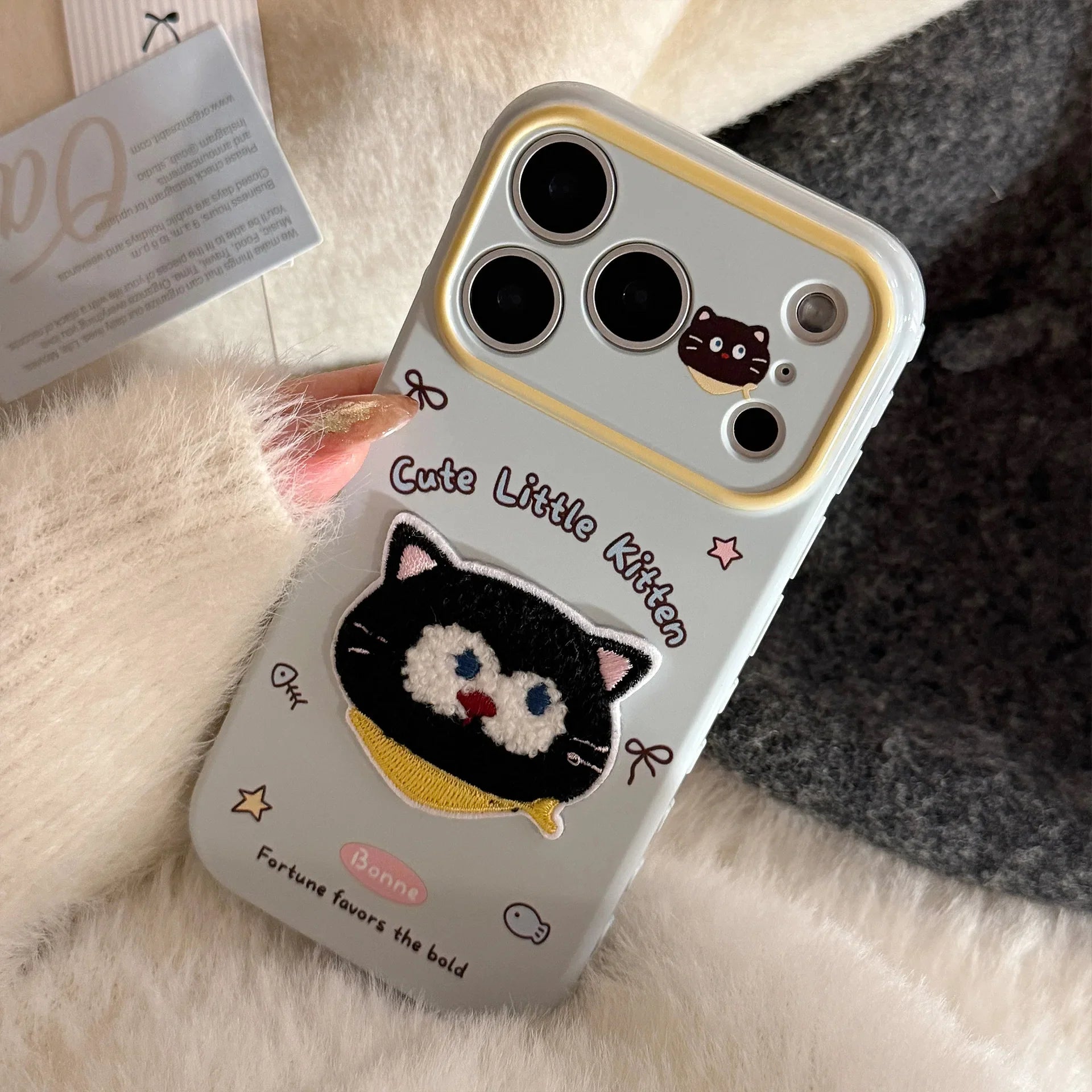 Korean Cartoon Embroidery Cat Pig Animals Plush Couple Phone Case For iPhone