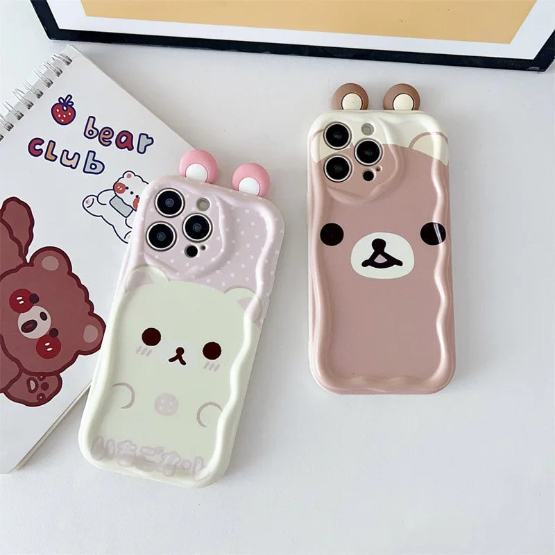 3D Ears Cartoon Bear Holder Rope Couple Phone Case For iPhone