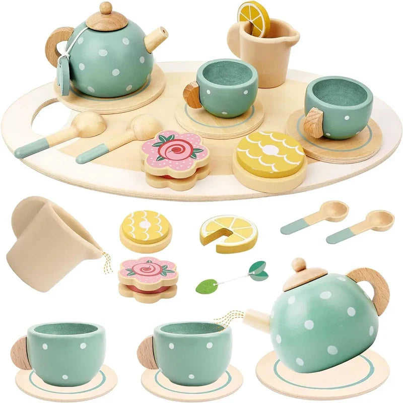 Wooden Kitchen Playset – Pretend Play Tea Set for Girls