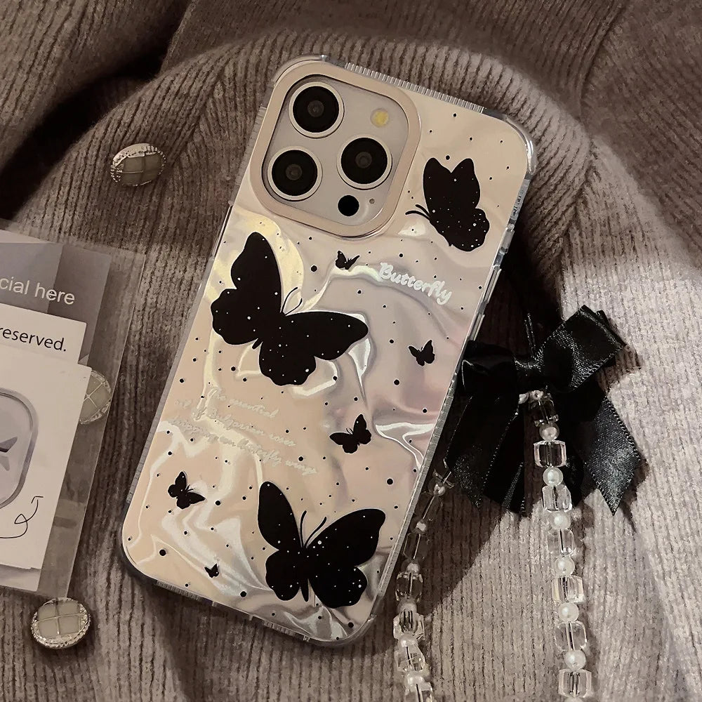 Luxury Black Butterfly Water Ripple Phone Case With Lanyard For iPhone