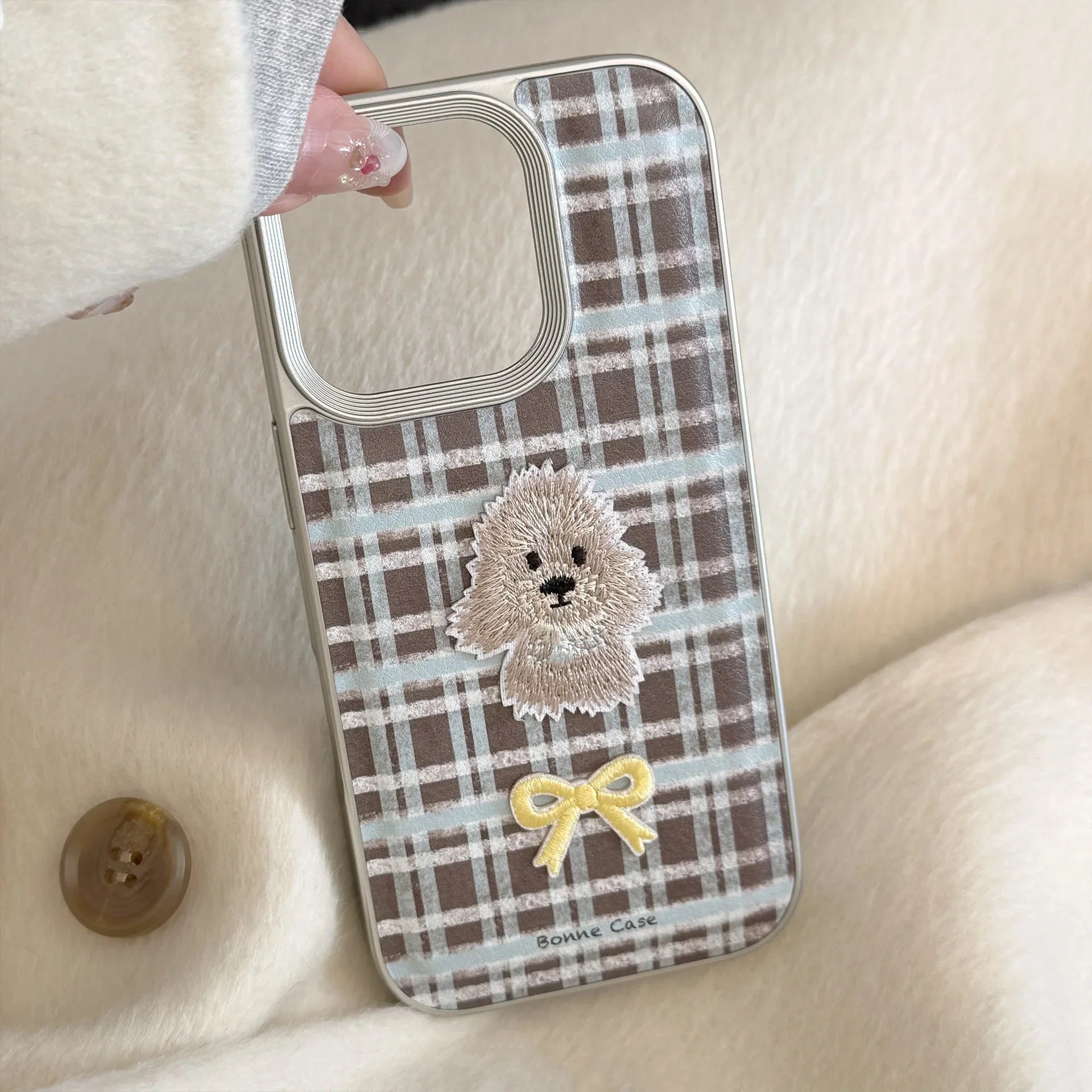 Korean Plaid Cartoon Puppy Bowknot Embroideried Silver Border Phone Case For iPhone