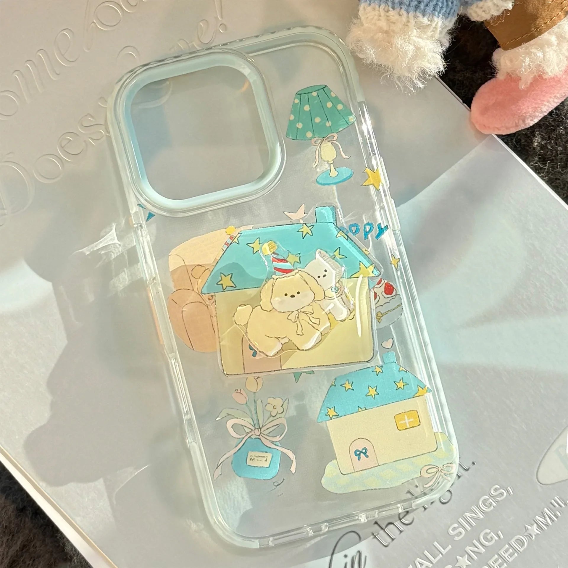 Korean Cute Cartoon Graffiti House Puppy Rotate Bracket Soft Phone Case For iPhone