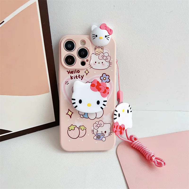 3D Cute Cartoon Hello Kitty Phone Case With Bracket Lanyard For iPhone