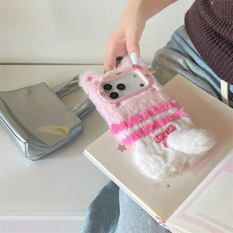 Cute Cartoon Cat Bowknot Warm Furry Fur Plush Phone Case For iPhone