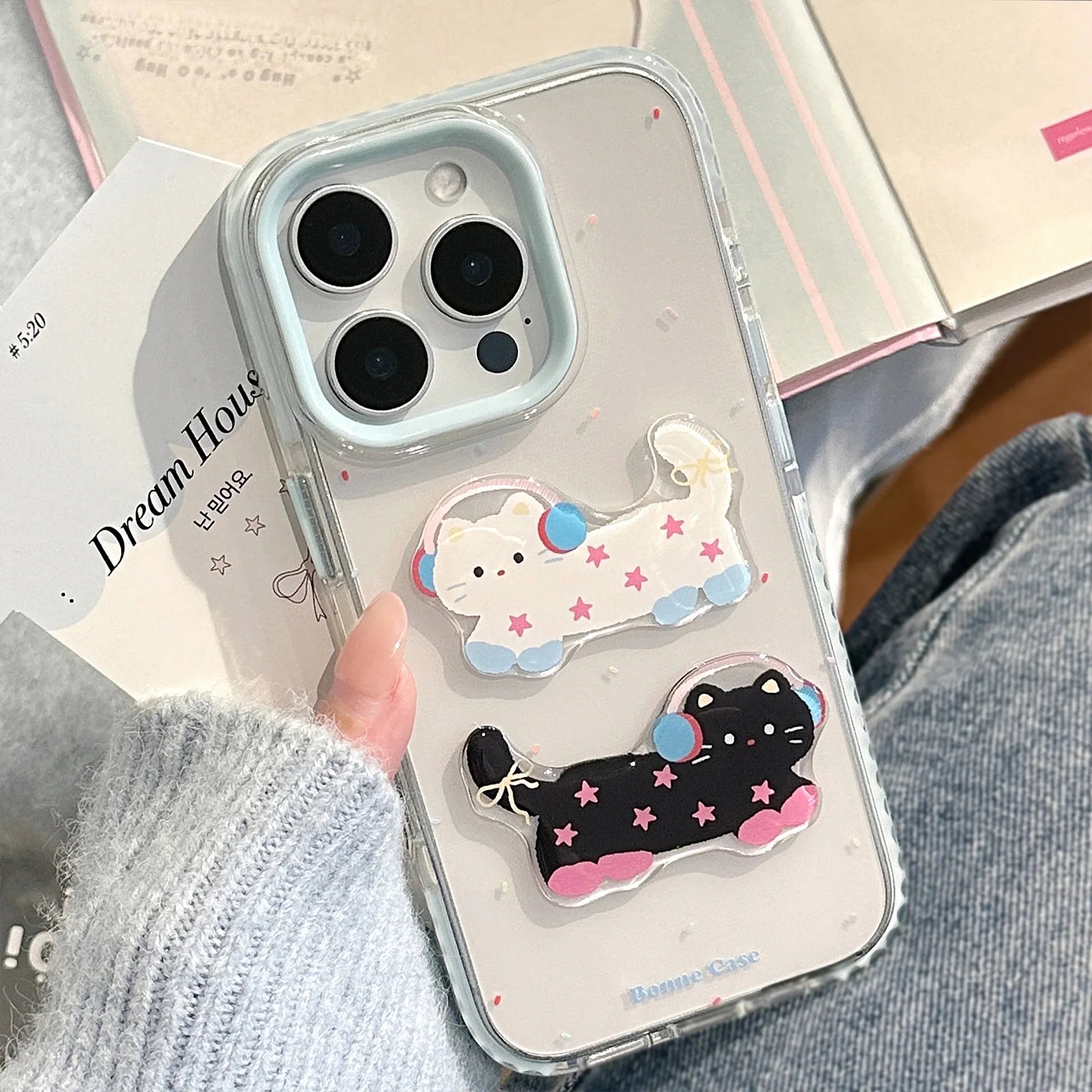 Korean 3D Cute Cartoon Stars Headset Kitten Soft Phone Case For iPhone