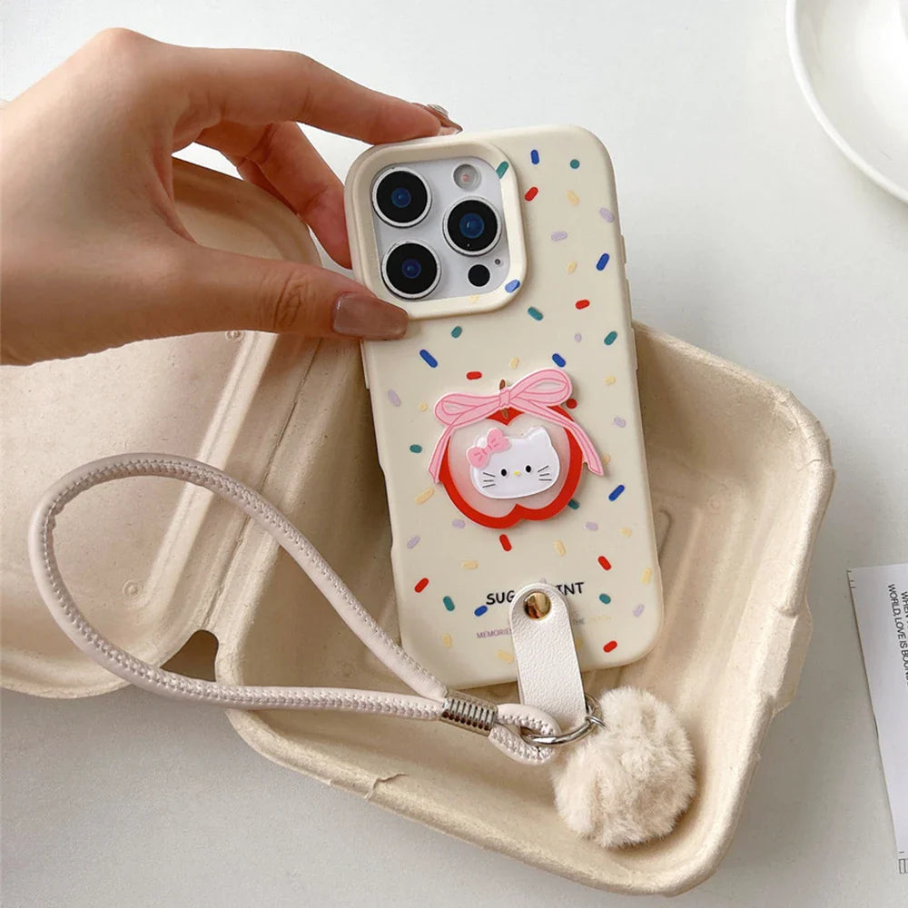 Soft Wrist Strap Apple Hello Kitty Face Colorful Strip Phone Case For iPhone