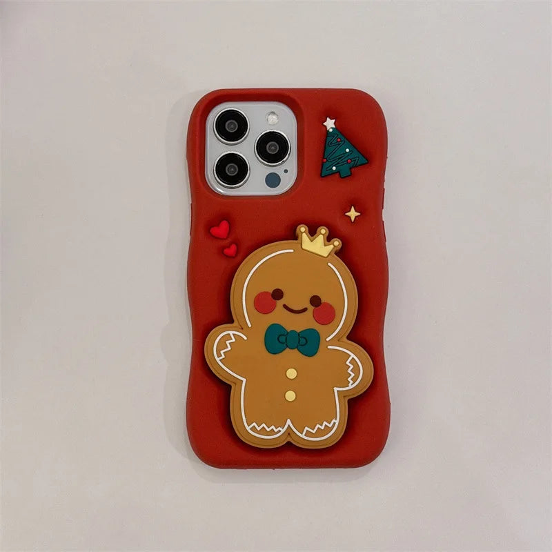 Cute Cartoon Christmas Gingerbread Silicone Telescopic Bracket Phone Case For iPhone